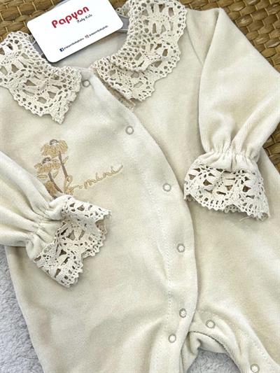 Çiçek Nakışlı Dantelli Kız Bebek Kadife Tulum (0-1/1-3/3-6 Ay)