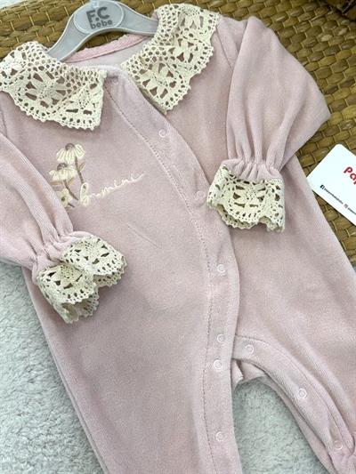 Çiçek Nakışlı Dantelli Kız Bebek Kadife Tulum (0-1/1-3/3-6 Ay)