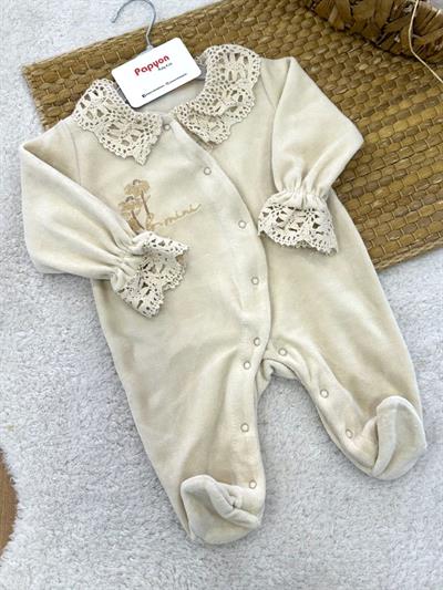 Çiçek Nakışlı Dantelli Kız Bebek Kadife Tulum (0-1/1-3/3-6 Ay)