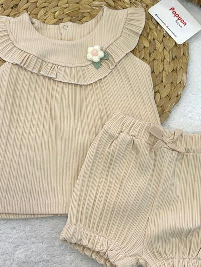 Örgü Çiçek Aksesuarlı Fırfırlı Yakalı Fitilli Kız Bebek Şortlu Takım (6-9/9-12/12-18/18-24/24-36 Ay)