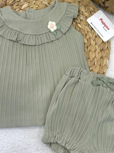 Örgü Çiçek Aksesuarlı Fırfırlı Yakalı Fitilli Kız Bebek Şortlu Takım (6-9/9-12/12-18/18-24/24-36 Ay)