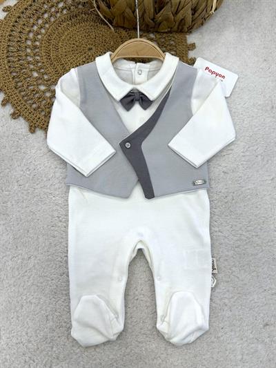 Papyonlu Kruvaze Yelek Görünümlü Erkek Bebek Tulum (0-1/1-3/3-6 Ay)