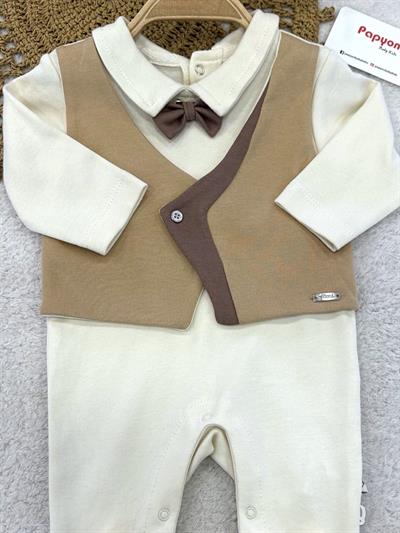 Papyonlu Kruvaze Yelek Görünümlü Erkek Bebek Tulum (0-1/1-3/3-6 Ay)
