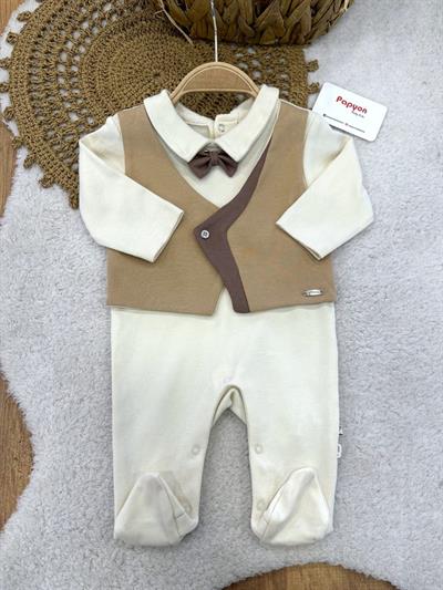 Papyonlu Kruvaze Yelek Görünümlü Erkek Bebek Tulum (0-1/1-3/3-6 Ay)
