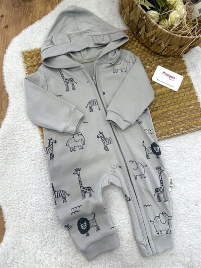 Safari Hayvanları Desenli Kapşonlu Fermuarlı Erkek Bebek Tulum (6-9/9-12/12-18/18-24 Ay)