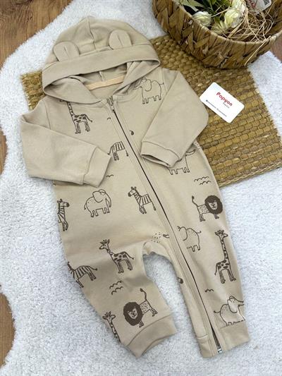 Safari Hayvanları Desenli Kapşonlu Fermuarlı Erkek Bebek Tulum (6-9/9-12/12-18/18-24 Ay)