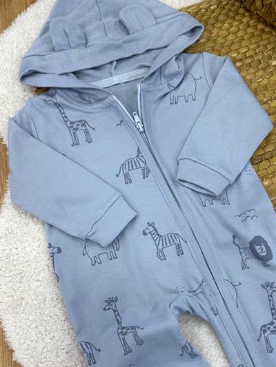 Safari Hayvanları Desenli Kapşonlu Fermuarlı Erkek Bebek Tulum (6-9/9-12/12-18/18-24 Ay)