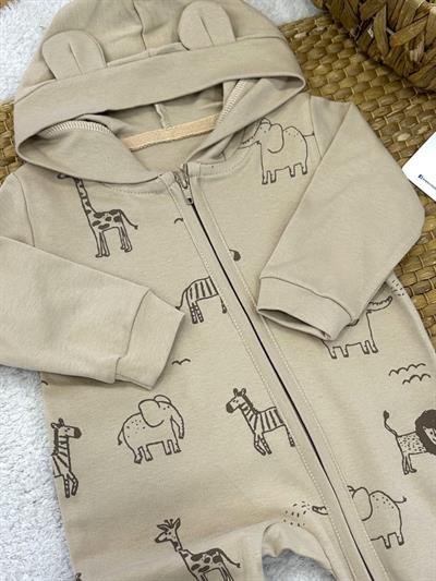 Safari Hayvanları Desenli Kapşonlu Fermuarlı Erkek Bebek Tulum (6-9/9-12/12-18/18-24 Ay)