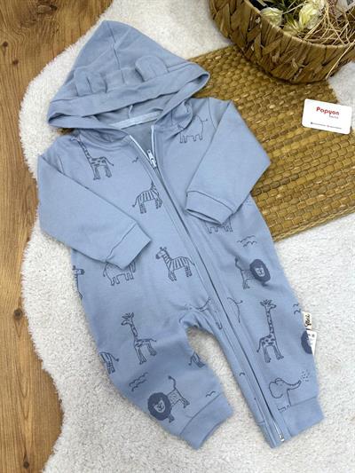 Safari Hayvanları Desenli Kapşonlu Fermuarlı Erkek Bebek Tulum (6-9/9-12/12-18/18-24 Ay)