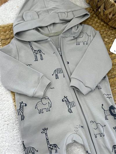 Safari Hayvanları Desenli Kapşonlu Fermuarlı Erkek Bebek Tulum (6-9/9-12/12-18/18-24 Ay)