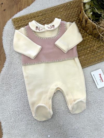 Yakası Çiçek Nakışlı Kız Bebek Polar Tulum (0-1/1-3/3-6 Ay)