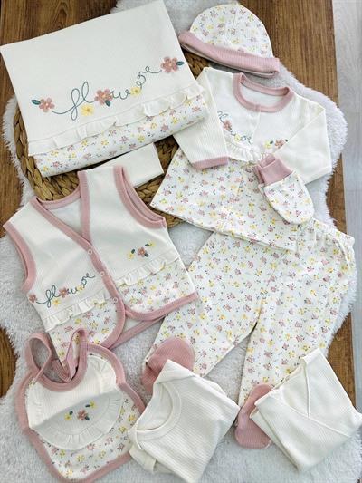 Flower Nakışlı Kız Bebek 10lu Zıbın Set Hastane Çıkışı