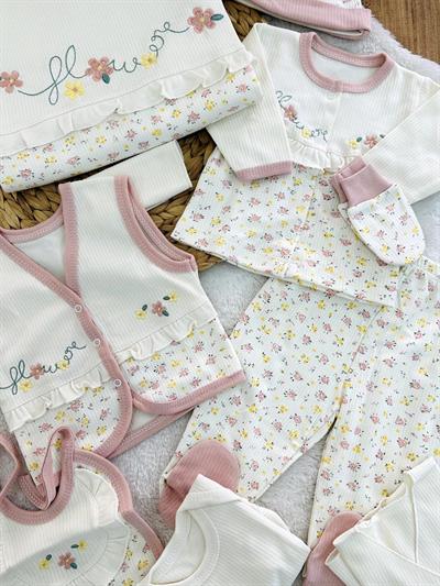 Flower Nakışlı Kız Bebek 10lu Zıbın Set Hastane Çıkışı