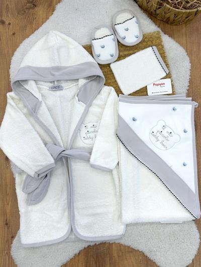 Ayıcık Kafa Nakışlı Erkek Bebek 4lü Havlu Bornoz Set 0-3 Yaş