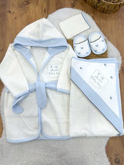 Ayıcık Kafa Nakışlı Erkek Bebek 4lü Havlu Bornoz Set 0-3 Yaş