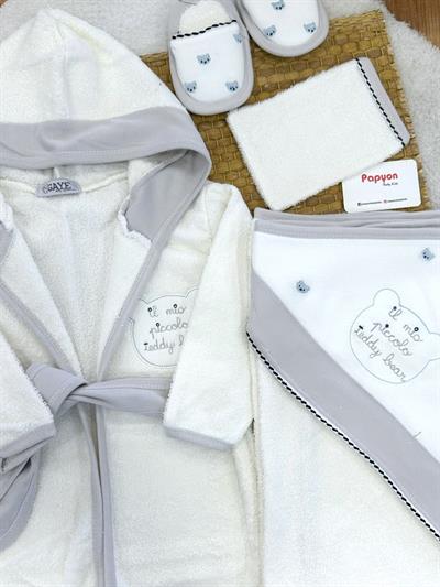 Ayıcık Kafa Nakışlı Erkek Bebek 4lü Havlu Bornoz Set 0-3 Yaş