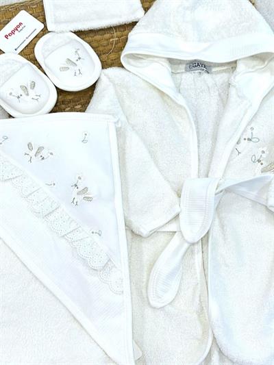 Çiçek Kuş Nakışlı Güpürlü Kız Bebek 4lü Havlu Bornoz Set 0-3 Yaş