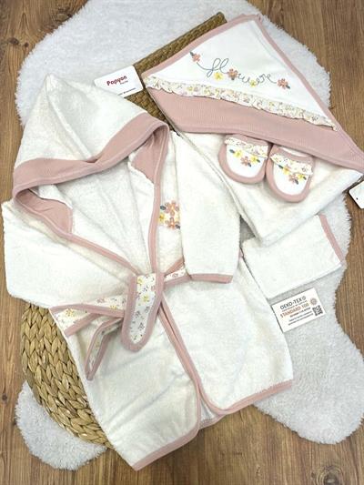 Çiçek Nakışlı Kız Bebek 4lü Havlu Bornoz Set