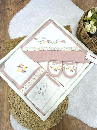 Çiçek Nakışlı Kız Bebek 4lü Havlu Bornoz Set