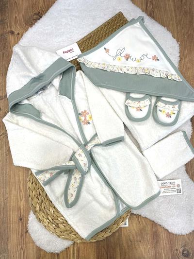 Çiçek Nakışlı Kız Bebek 4lü Havlu Bornoz Set