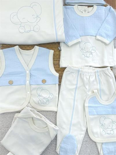 Fil Nakışlı Düğme Detaylı Yenidoğan Erkek Bebek 10lu Zıbın Set Hastane Çıkışı