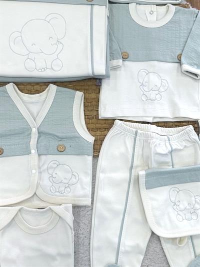 Fil Nakışlı Düğme Detaylı Yenidoğan Erkek Bebek 10lu Zıbın Set Hastane Çıkışı