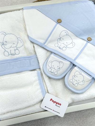 Fil Nakışlı Erkek Bebek 4lü Havlu Bornoz Set 0-3 Yaş