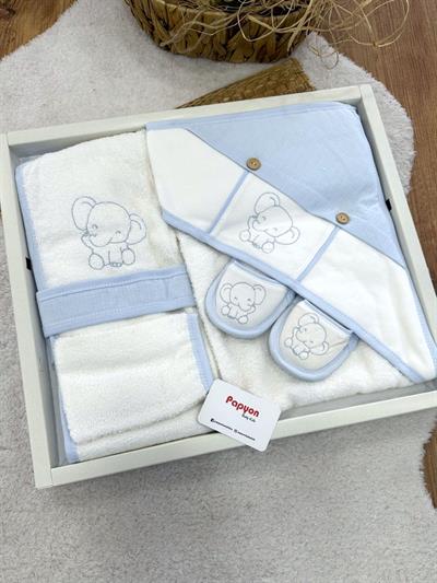 Fil Nakışlı Erkek Bebek 4lü Havlu Bornoz Set 0-3 Yaş