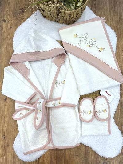 Free Çiçek Nakışlı Kız Bebek 4lü Havlu Bornoz Set
