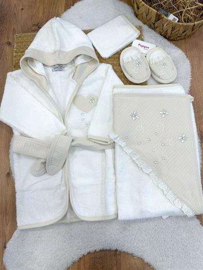 Kalp Arı Nakışlı Bebek 4lü Havlu Bornoz Set