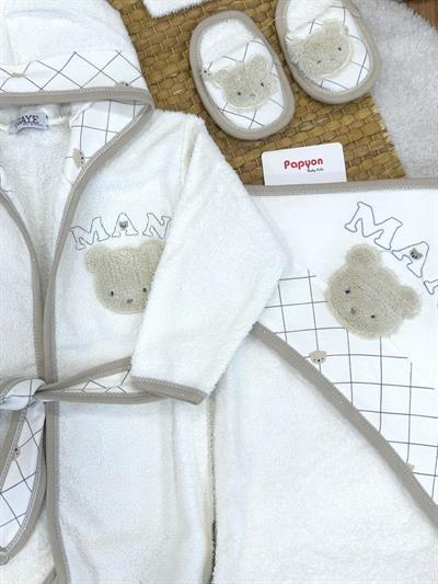 Man Süzene Ayıcık Nakışlı Erkek Bebek 4lü Havlu Bornoz Set