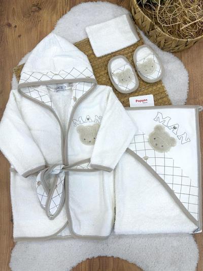 Man Süzene Ayıcık Nakışlı Erkek Bebek 4lü Havlu Bornoz Set