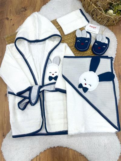 Sevimli Tavşan Nakışlı Erkek Bebek 4lü Havlu Bornoz Set