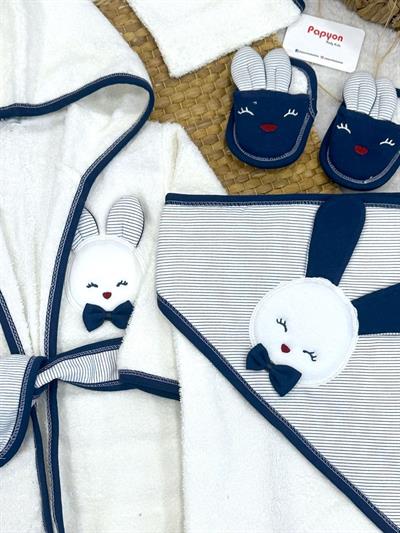 Sevimli Tavşan Nakışlı Erkek Bebek 4lü Havlu Bornoz Set