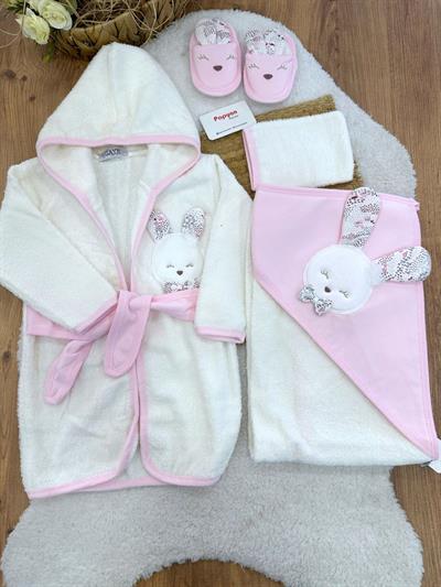 Sevimli Tavşan Nakışlı Kız Bebek 4lü Havlu Bornoz Set
