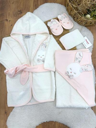 Sevimli Tavşan Nakışlı Kız Bebek 4lü Havlu Bornoz Set