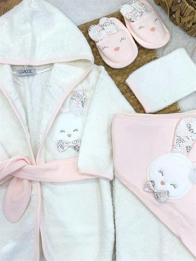 Sevimli Tavşan Nakışlı Kız Bebek 4lü Havlu Bornoz Set