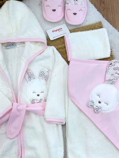 Sevimli Tavşan Nakışlı Kız Bebek 4lü Havlu Bornoz Set