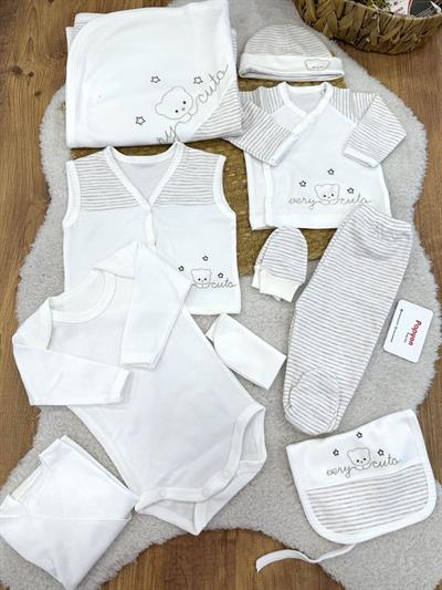 Very Cute Ayıcık Nakışlı Yenidoğan Erkek Bebek 10lu Zıbın Set Hastane Çıkışı