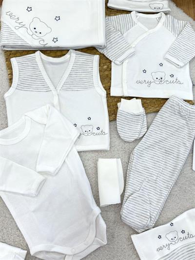 Very Cute Ayıcık Nakışlı Yenidoğan Erkek Bebek 10lu Zıbın Set Hastane Çıkışı