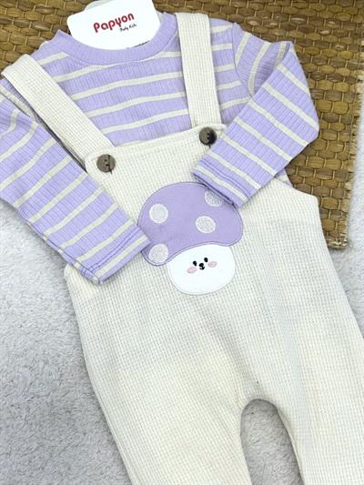 Mantar Kafa Nakışlı Fitilli Badili Kız Bebek Waffle Salopet Takım (6-9/9-12/12-18/18-24 Ay)