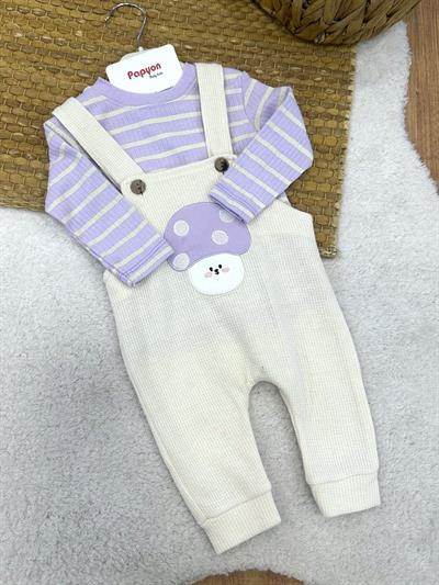 Mantar Kafa Nakışlı Fitilli Badili Kız Bebek Waffle Salopet Takım (6-9/9-12/12-18/18-24 Ay)