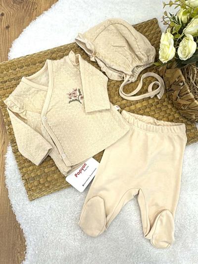 Çiçek Kaneviçe Nakışlı Yenidoğan Kız Bebek Natural 3lü Zıbın Set Hastane Çıkışı