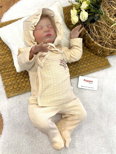 Çiçek Kaneviçe Nakışlı Yenidoğan Kız Bebek Natural 3lü Zıbın Set Hastane Çıkışı