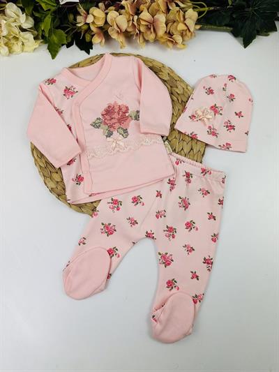 Gül Kanaviçe Nakışlı Kız Bebek 3lü Zıbın Seti Hastane Çıkışı