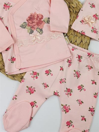 Gül Kanaviçe Nakışlı Kız Bebek 3lü Zıbın Seti Hastane Çıkışı