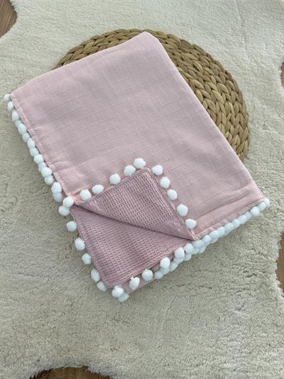 Gülkurusu Müslin Pike Çift Kat Çift Taraflı Ponponlu Bebek Battaniyesi 85x110 Cm