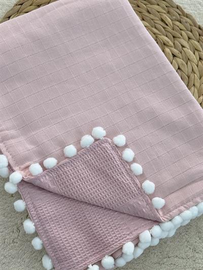 Gülkurusu Müslin Pike Çift Kat Çift Taraflı Ponponlu Bebek Battaniyesi 85x110 Cm