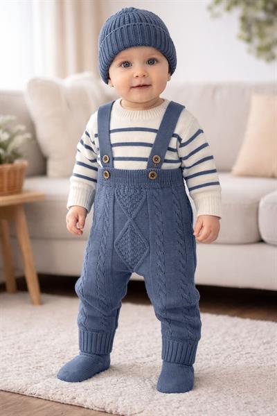 Çizgili Kazaklı Bereli Askılı Pantolonlu Erkek Bebek 3lü Triko Takım (3-6/9-12/12-18/18-24 Ay)