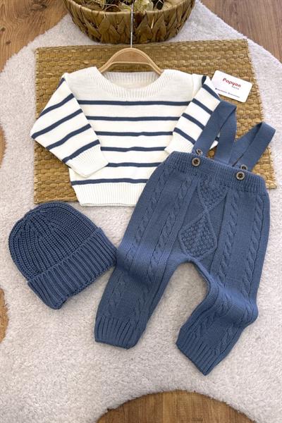 Çizgili Kazaklı Bereli Askılı Pantolonlu Erkek Bebek 3lü Triko Takım (3-6/9-12/12-18/18-24 Ay)